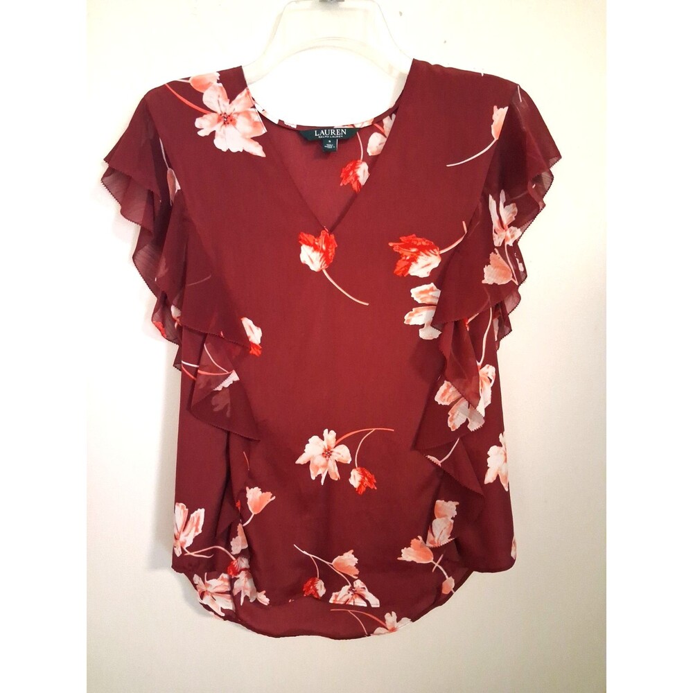 Lauren Ralph Lauren Floral Silk Blouse Small Flutter Sleeve Pink Summer Dainty